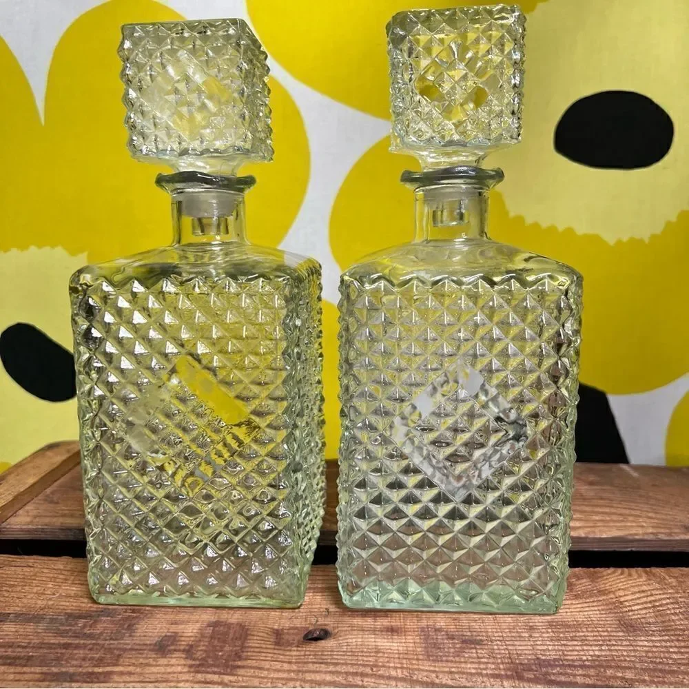 Pair of Two Vintage 1960s Diamond Accented Glass Decanters